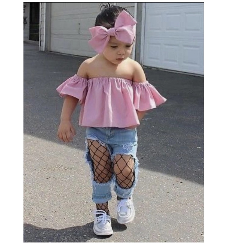 Girls Off the Shoulder, Distressed Jean Set